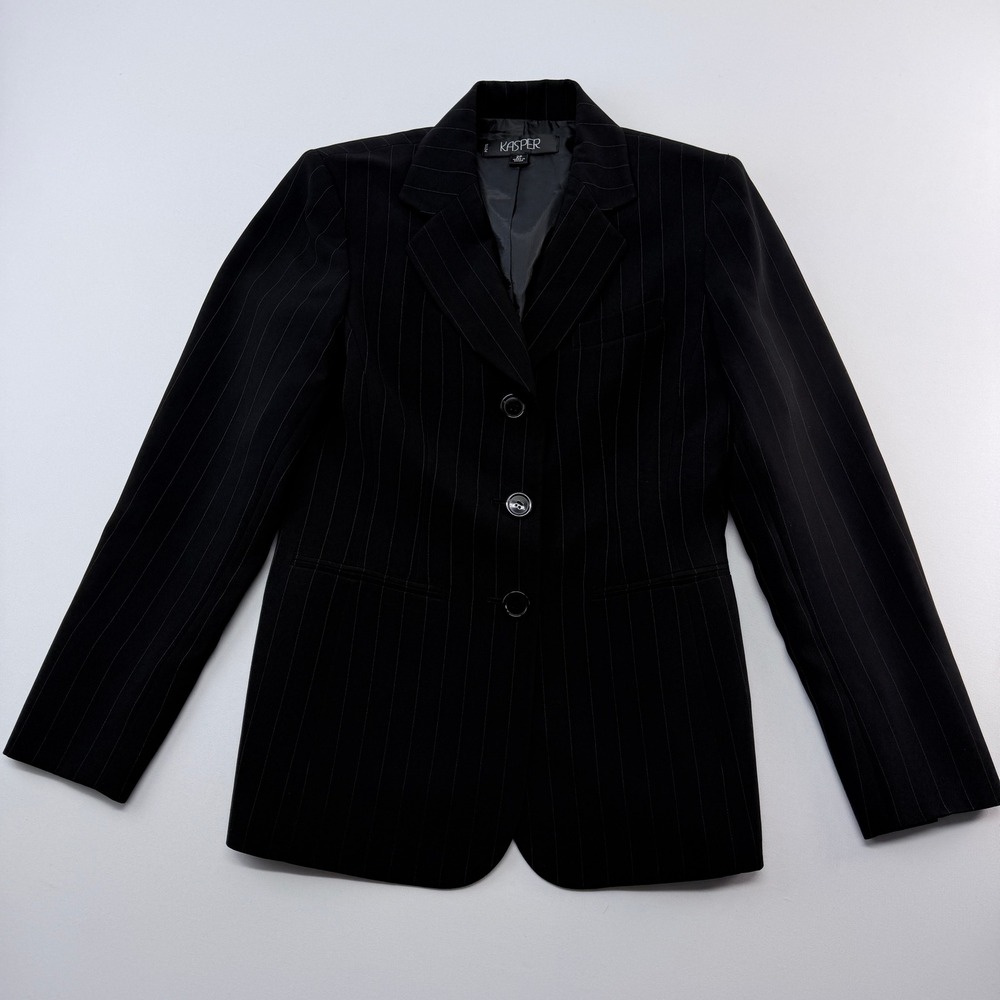 Kasper Women 2P Black Pinstripe Blazer 3 Button Professional Suit Jacket Petite